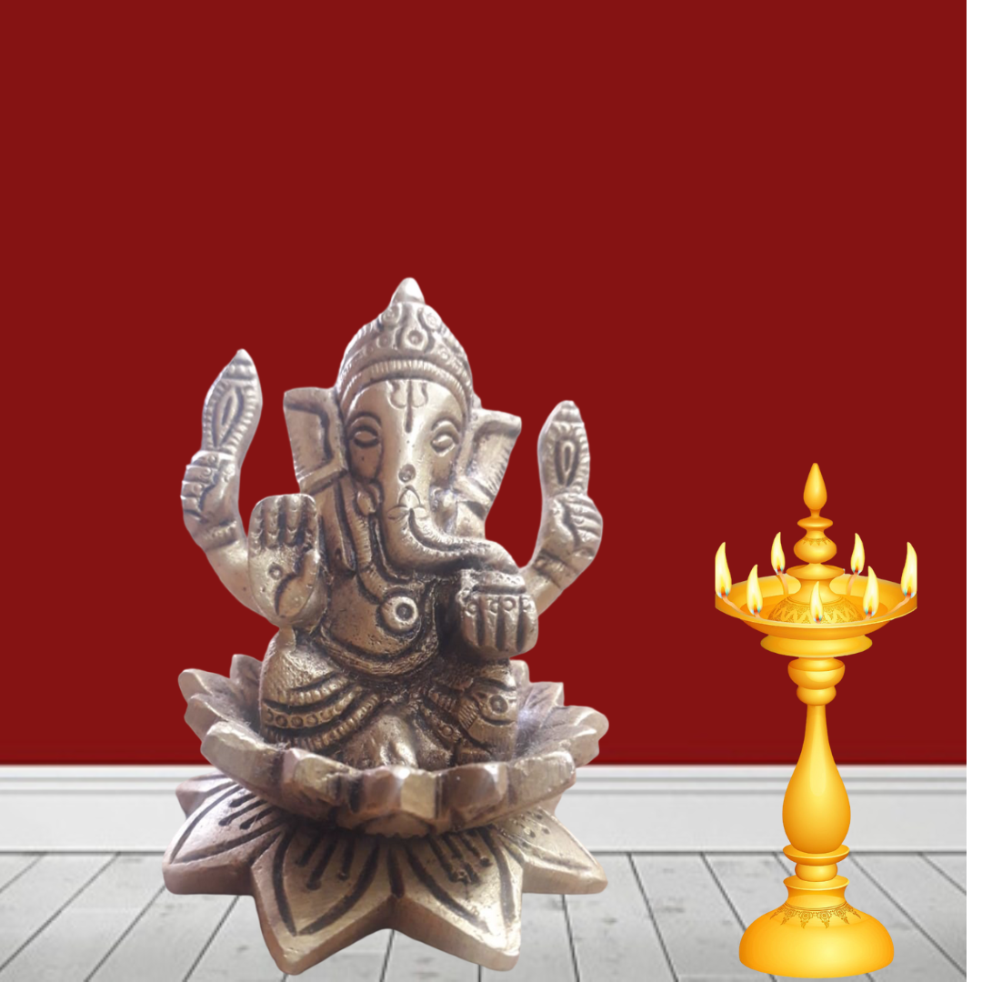 Kamal Ganpati Golden Polish Brass Idol/कमल गणपति गोल्डन पॉलिश ब्रास मूर्ति