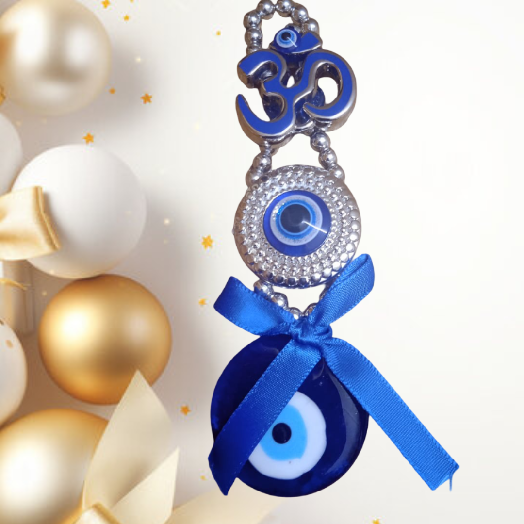 Evil Eye Wall Hanging with Om Symbol, Blue, Rhinestone Embellished, Spiritual Protection Decor