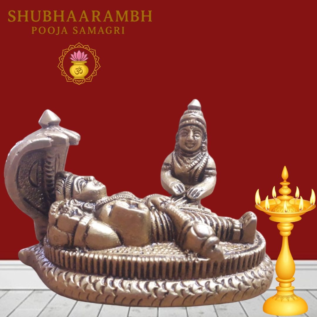 Lord Vishnu in Sleeping Pose with Goddess Lakshmi Brass Idol (Antique Polish) /भगवान विष्णु शयन मुद्रा में माता लक्ष्मी सहित पीतल की मूर्ति (एंटीक पॉलिश)