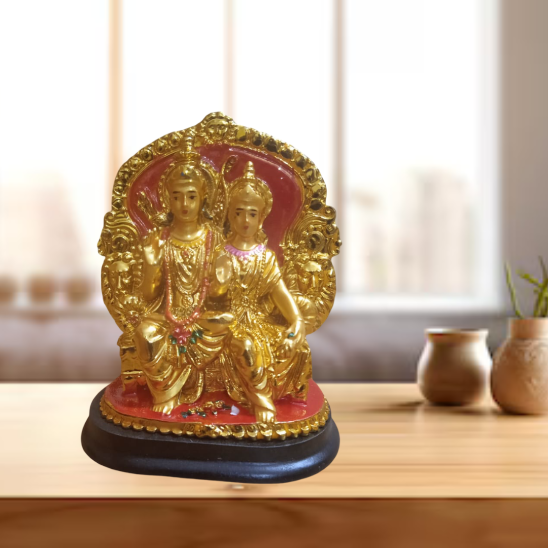 Ram Sita Idol, Gold Finish, Decorative Statue with Red Backdrop, Religious Home Decor