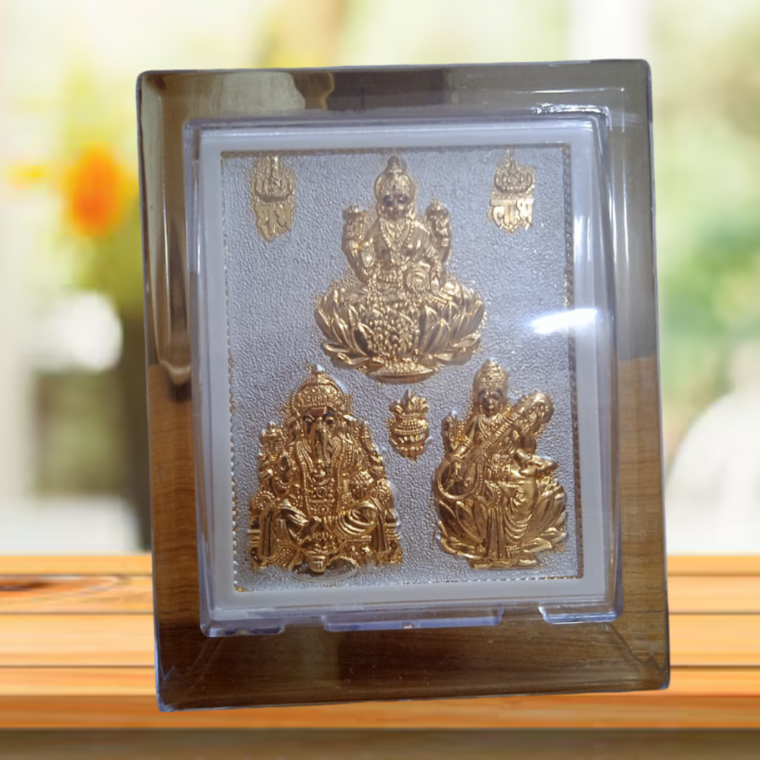 God Lakshmi Ganesh Saraswati Gold Plated Wall Frame, Hindu Religious Decor, Silver Background, Acrylic Display,  Traditional Temple Art