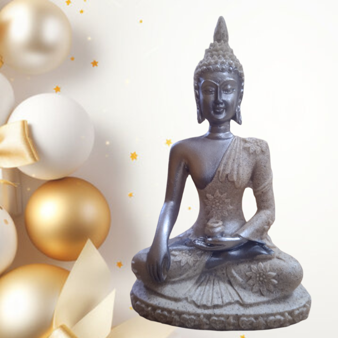 Buddha Statue Figurine, Grey, Meditating Pose, Decorative Spiritual Home Decor