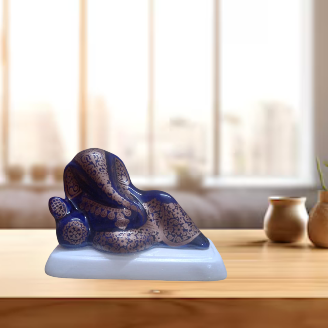 Decorative Reclining Lord GaneshStatue, Royal Blue and Silver, Ceramic Figurine with Mandala Pattern, Home Temple Decor,car dashboad Placement