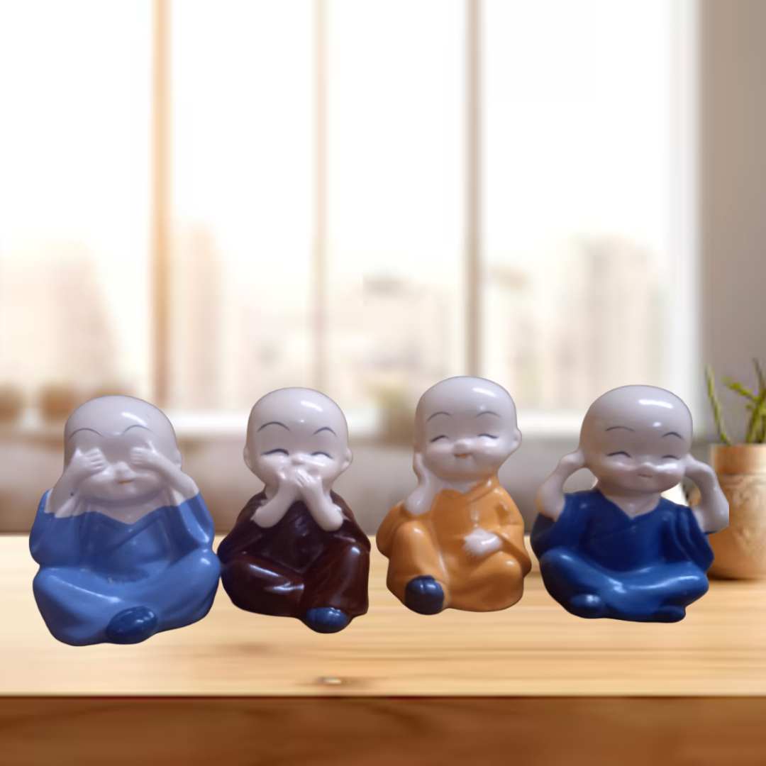 Monk Figurines Set of 4, See No Evil Hear No Evil Speak No Evil, Blue Brown Orange, Decorative Statue, Home Decor
