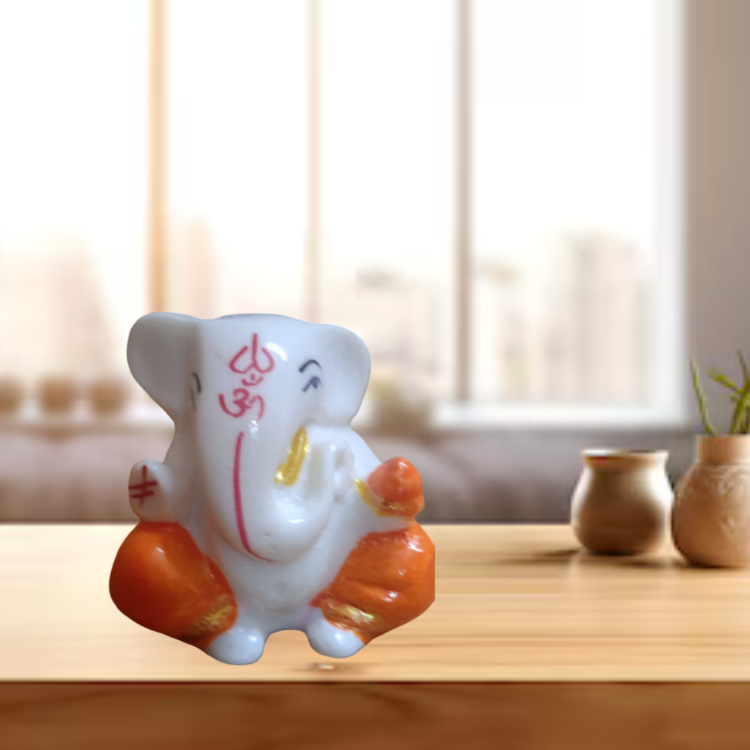 Lord Ganesha Idol Figurine, White and Orange, Brass, Traditional Indian Style, Decorative Statue for Home Temple, 4.4 x 3 x 4.5 cm