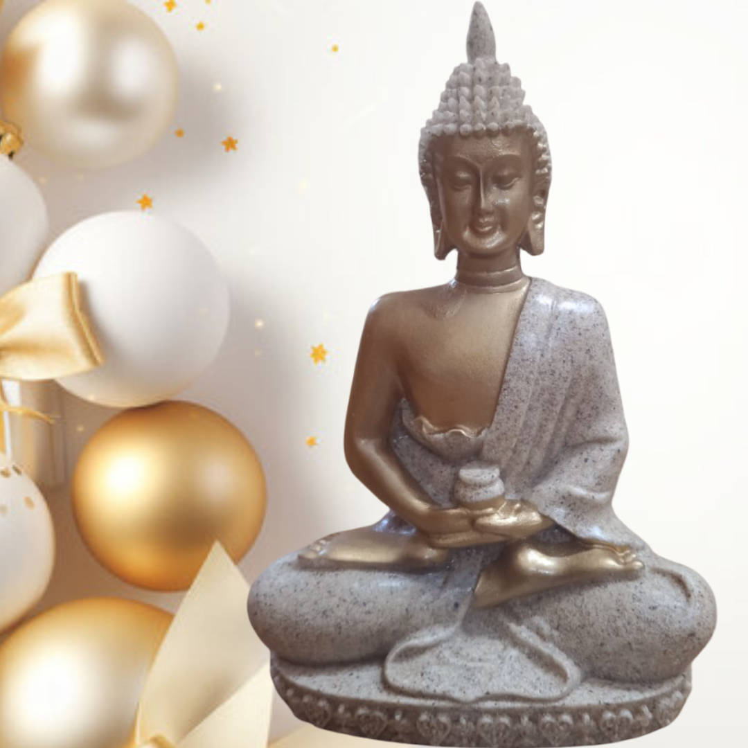 Buddha Statue, Meditating Pose, Bronze and Grey Finish, Decorative Figurine, Spiritual Home Decor